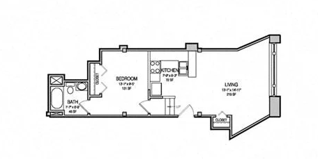Floor plan for 1 bed, 1 bath, 534 sqft